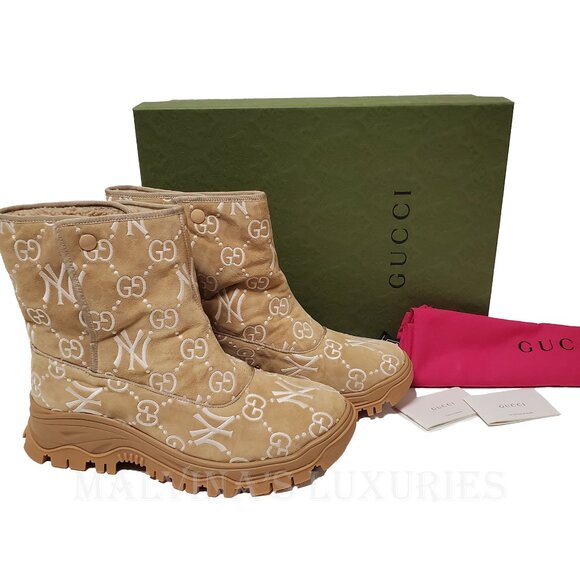 GUCCI BOOTS MENS GG LOGO YANKEES SUEDE ANKLE SHEARLING LINING  sz 12 12.5 main image 5